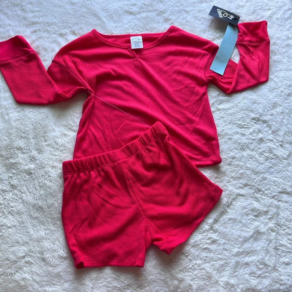 Art Class Kids Red‎ Thermal Waffle Knit Pajama Set XS 4/5 Long Sleeve Shorts NEW